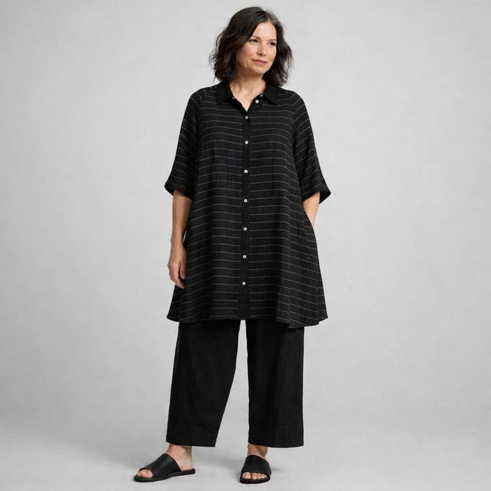 BUYKUD Black Striped Crinkle Linen Button Down Tunic Dress Pockets Lagenlook L